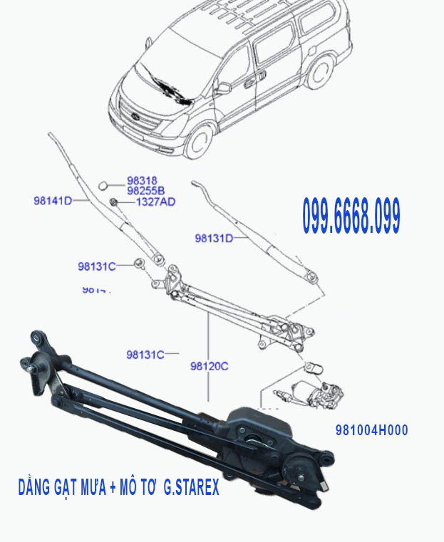 Dằng gạt mưa+mô tơ 981004H000 cho Starex