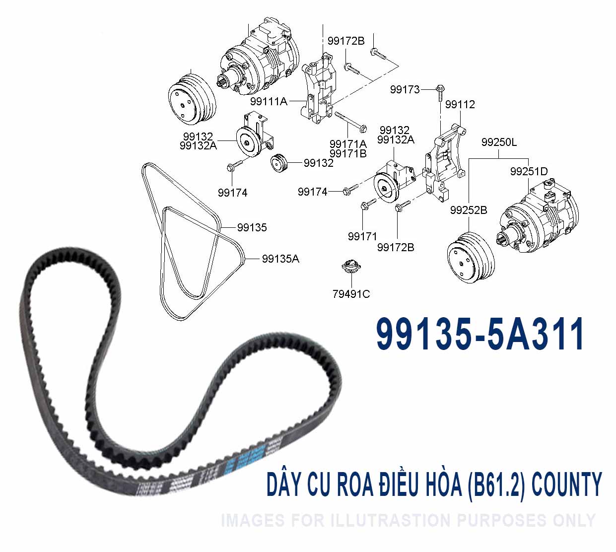 Dây cu roa điều hoà 991355A311 (B61.2) cho County (D4DD)